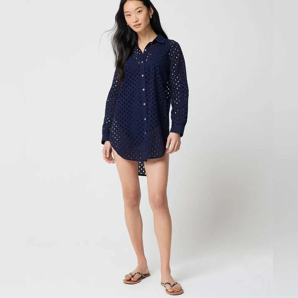 J.Crew Button-front eyelet cover-up Blue Small NWT